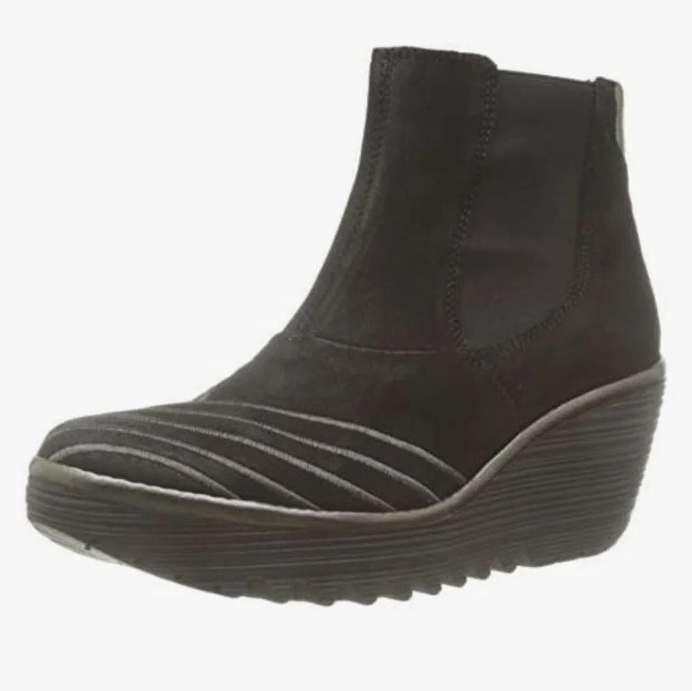 Fly London Yave Black Suede Leather Wedge Chelsea Ankle Boots